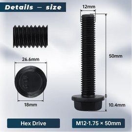 6 Sets M12-1.75 x 50mm Flange Hex Bolt with Flange Nuts and Flat & Lock Washers Assortment Set, 10.9 Grade Alloy Steel, Serrated, for Automotive Repair & Machinery Projects, Glvaner