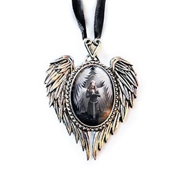 Prayer For The Fallen - Angel Cameo Oval Cabochon Style Pendant Necklace in Winged Setting With Heart Casting at Top, Ribboned - Artwork by Anne Stokes