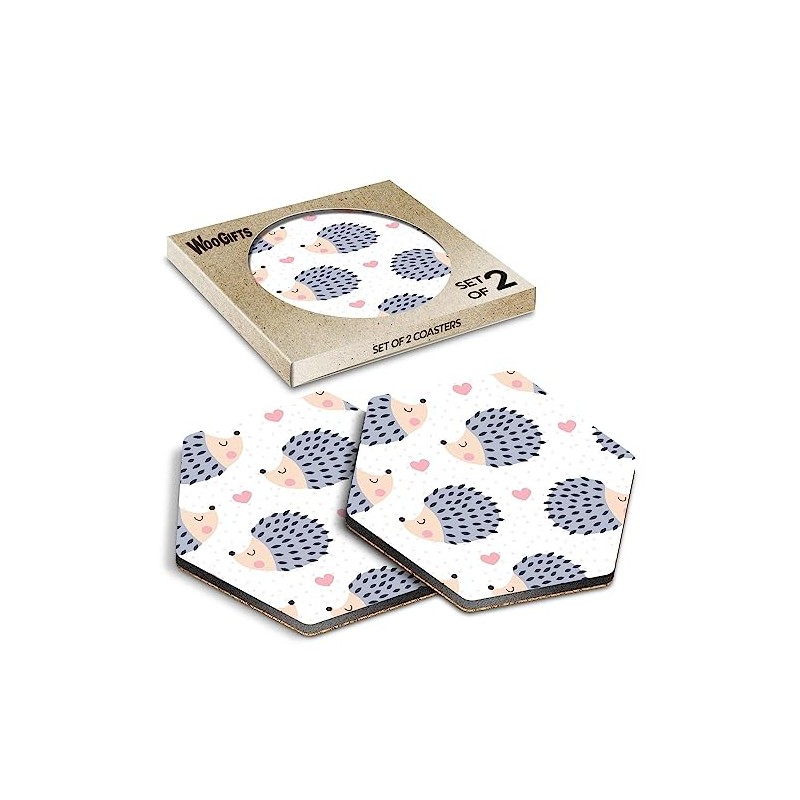 2 x Hexagon Coasters - Hedgehog Pink Love Heart Pattern