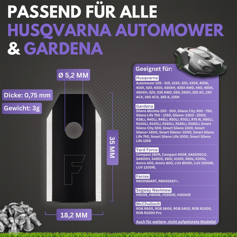 Filzada® 45 x Robotic Lawnmower Blades Carbon Including Screws -