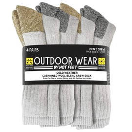 HOT FEET 4 Pack Work Socks for Men & Women - Breathable Boot Hiking Socks, Moisture Wicking Thick Wool Socks, Sizes 6-12.5, Man, Dark Gray & Oatmeal