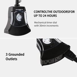 M EGA MEGACUBE Outdoor Timer Outlet Waterproof, 24 Hour Mechanical Timer Outlet for Home and Garden, 3 Grounded, 10A 3/4HP, Black, 1 Pack