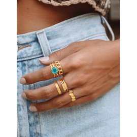 GNIRTSI Gold Simulated Paraiba Ring for Women Solitaire 8MM Round Cut 14K Gold Plated Minimalist Stack Knot Enhancer Guard Twisted Band Finger Jewelry Size 8