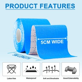 Carbou Kinesiology Tape 5cmx5m-2 Rolls Water Resistant Strips,Elastic Cotton Athletic Tape for Muscle Strain Relief & Joint Support Blue and Black