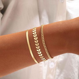SUFOPE 14K Gold Bracelets for Women Dainty Gold Plated Bracelets Set Minimalist Waterproof Stackable Herringbone Cuban Fishbone Bracelet Fashion Accessories Jewelry for Gifts