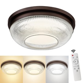 zeyu LED Ceiling Light with Remote Control, 24W Dimmable Flush Mount Ceiling Light, 3000K-6500K Adjustable, Clear Stripe Glass Shade in Oil Rubbed Bronze Finish, ZSL101F-LED ORB