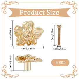 CREATCABIN 4 Sets Gold Flower Drawer Knobs Metal Cabinet Knobs Dresser Handles Vintage Wardrobe Door Cupboard Drawer Furniture Accessory Pulls Handles for Kitchen Bedroom Living Room 1.41x1.63x0.92 in