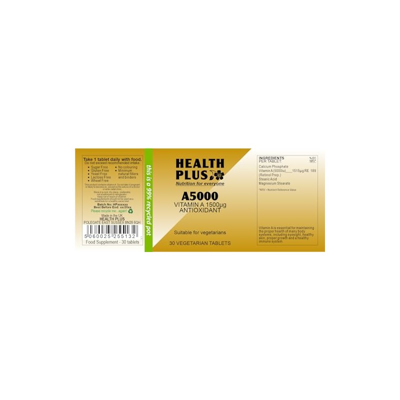 Health Plus A5000 : Vitamin A Supplement : 30 Tablets,