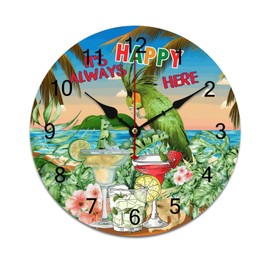 LetusZhogo Parrot It's Always Happy Here Wall Clock 10 Inch Non Ticking Silent Clocks Summer Beach Round Bathroom Clock Battery Operated Quartz Analog Decorative Desk Clock for Living Room