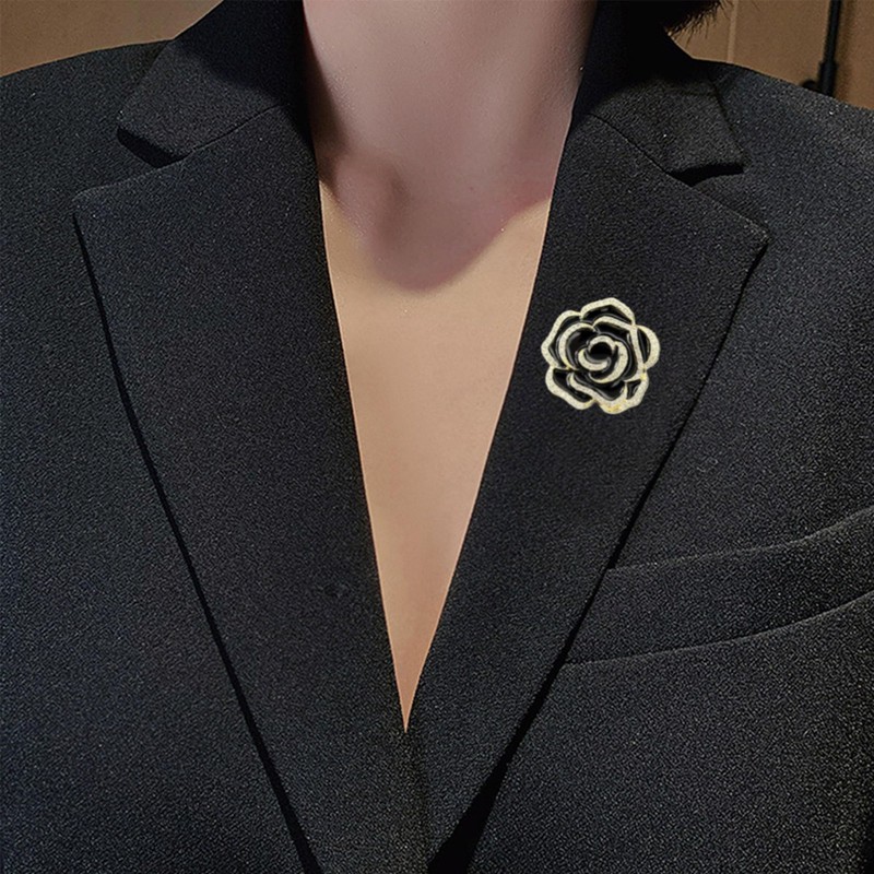 JDONL Black Camellia Flower Brooch Enamel Crystal Floral Lapel Pin