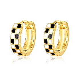 Black and White Checkered Hoop Earrings Sterling Silver 14k Gold Plated Checkered Jewelry Gift for Women