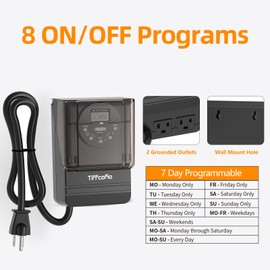 TiFFCOFiO Outdoor Digital Light Timer Outlet, 7 Day Programmable Plug in Timers for Electrical Outlets, 2 Grounded Outlets for Outdoor Lightings, ETL Listed