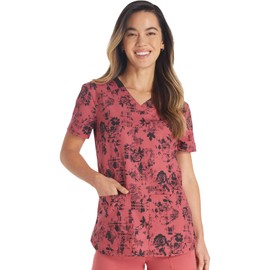Dickies EDS Women Scrubs Top V-Neck Print DK876, XS, Grunge N Roses
