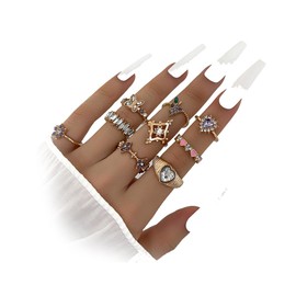Chmier 9 Pcs Bohemia Gold Rings Set for Women Butterfly Crystal Stackable Rings Floral Heart Purple Rhinestone Knuckle Rings
