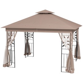 Outsunny 10' x 11.5' Metal Patio Gazebo, Double Roof Outdoor Gazebo Canopy Shelter with Tree Motifs Corner Frame and Netting, for Garden, Lawn, Backyard, and Deck, Brown