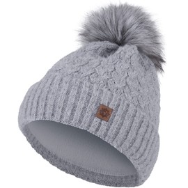 Compagno Knitted Hat Women's Bobble Hat Winter Hat Norway Winter Lined Girls Cable Knit Fleece Lining Beanie 97, lightgrey