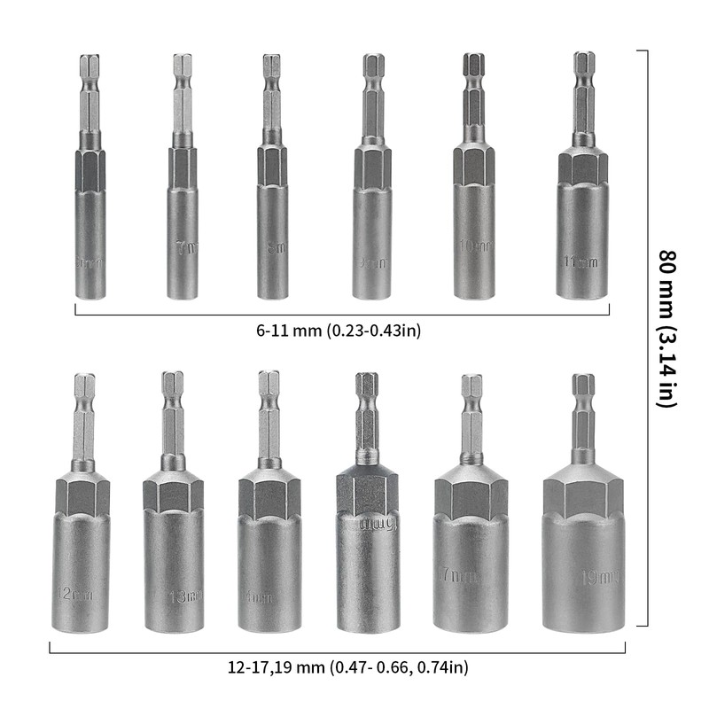 DAKFOOK 12PCS Deepen Hexagon Sockets Set, 6-19mm Hex Shank Nut