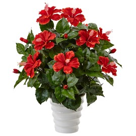 Nearly Natural Hibiscus Artificial Flowering Plant in Swirl Planter