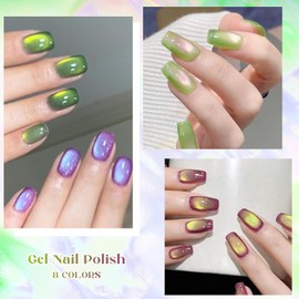 MEET ACROSS 8 Colors Crystal Cat Eye Gel Nail Polish Green Violet Pink Cats Eye Gel Polish with 1 Magnet, Nail Art Design Manicure Salon Gift