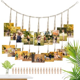 SHYSBV 110 cm Photo Wall Decoration Rope, DIY Hanging Photo Display, Photo Garland Wood with 18 Wooden Clips, Boho Hanging Photo Curtain, Photo Garland Ideas, Photo Curtain with Wooden Beads for Home