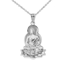 Religious Jewelry Fine Sterling Silver Buddha on Lotus Flower Pendant Necklace, 18"