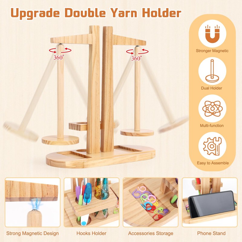 Coopay Double Yarn Holder Magnetic, Wooden Yarn Holder for Crochet
