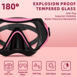 Snorkeling Gear for Adults, JRing Snorkel Mask Set with 180 Degree Tempered Glass Anti Fog Goggles Scuba Dry Top Snorkel for Swimming, Scuba Diving Mask for Men Women (Blue+Pink)