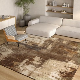 Area Rug 4x6 Modern Abstract Washable Brown Non Slip Foldable Faux Wool Vintage Carpet, Fluffy Non-Shedding for Living Room, Bedroom, Dining Room, Kids Playroom