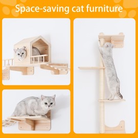 NOVGOBHOT Cat Shelves for Wall – Cat Climbing Furniture Set for Large Cats with House, Bridge Ladder, 3 Scratching Posts & 5 Steps
