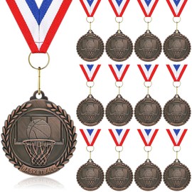 Donrime Medallas de baloncesto para premios, paquete de 12 medallas de metal de bronce para equipo de baloncesto, premios de regalos del día deportivo para niños, niños y adultos, 5 cm