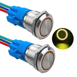 Aiqeer 2 Pcs 19 mm Momentary Push Button Switch, 12V / 24V 5A Car Ignition Starter Switch, IP67 Waterproof Stainless Steel Push Button Switch, with Pre-Wired Socket (Yellow LED)