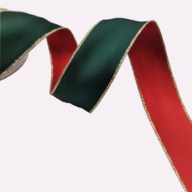 KLTRIBBON Cinta de satén con alambre rojo y verde con bordes dorados de lurex para Navidad, envoltura de regalos, coronas, decoración del hogar, 1-1/2 pulgadas x 10 yardas