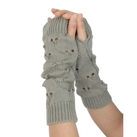 Womens Punk Goth Fingerless Gloves Ripped Knit Wrist Warmers with Thumb Hole, Y2K Grunge Emo Style (Light Grey)