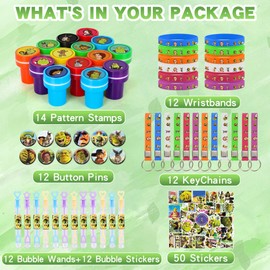 Yesenly 124Pcs Birthday Party Supplies, Monster Themed Party Favors Toys Set, Gift for Fans Kids Includes Cartoon Stamps, Bubble Wand, Keychains, Wristbands, Button Pins, Stickers
