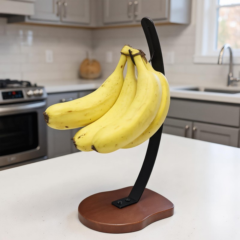 Modern Banana Stand with Wooden Base, 33 cm Height, Metal