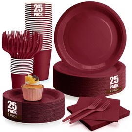 Burgundy Plates and Napkins Party Supplies, Include 9’’Disposable Burgundy Paper Plate, 7’’Dessert Plates and Cups and Napkins Forks Set for Birthday, Anniversaries, Wedding, Serves 25