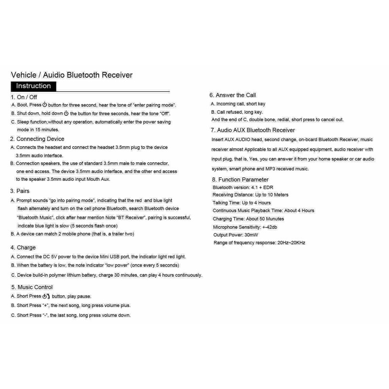 Unbranded White Wireless Bluetooth Receiver 3.5mm AUX Audio Stereo Music