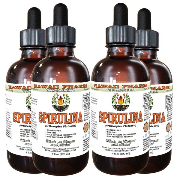 Hawaii Pharm Spirulina Alcohol-Free Liquid Extract, Organic Spirulina (Arthrospira platensis) Dried Algae Glycerite Natural Herbal Supplement, USA 4x4 fl.oz