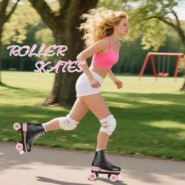 Women's Girls High-top Roller Skates with Light Up Wheels,PU Leather Classic Double-Row Roller Derby Skate for Women Men,Indoor Outdoor, Beginner-Black Pink Flash Wheel,38