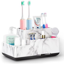 Toothbrush Holder,Bathroom Organizer Countertop, 5 Compartments Multifunctional Storage for Cosmetic, Makeup, Office Stationery Pencil,Toothpaste, Toothbrush,Ideal Gift for Home, Office - Color: White Marble