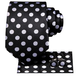 Hi-Tie Silk Ties for Men Plaid Paisley Striped Necktie Pocket Square Cufflinks Set Formal Business,Black Silver Dots