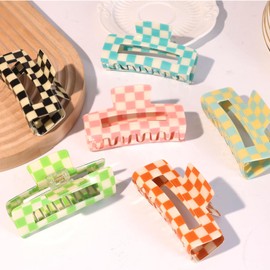 Airsky 6 Pcs Checkered Claw Clips- 3.9” Larger Colorful Hair Clips with Strong Hold for Long Thick Hair, Cute Claw Clip Bulk in Stylish Y2k Checkered Design for Girl, Women 90s Party Hair Accessories