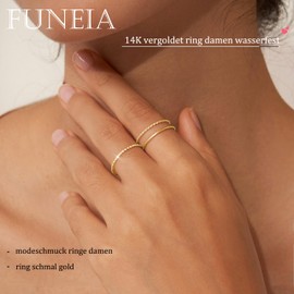 FUNEIA Pack of 3 Rings Gold Ladies Women 14k Gold-Plated Ring Waterproof Set Thin Golden Rings Statement Thumb Ring Finger Ring Stacking Ring Zirconia Narrow Ring Fashion Jewellery Gifts Size 49-65