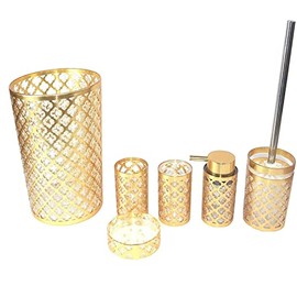 PREMIUS Collection 6-Piece Complete Bathroom Accessory Set Metallic Geneva Print Made with The Shatter Resistant Acrylic BPA Free Materials (Gold)