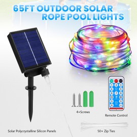 Sumapner 65ft Solar Pool Lights for Above Ground Pools, 180 LEDs Remote IP65 Waterproof Rope String Lights, 8 Color Modes, Swimming Frame Pool Decor Accessories for Outdoor Outside Trampoline Camping
