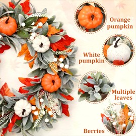 Waipfaru 22 Inch Fall Wreaths for Front Door, Autumn Orange White Pumpkin Wreath with Welcome Sign, Fall Decorations for Indoor Outdoor Autumn Thanksgiving Decor (2 Pcs)