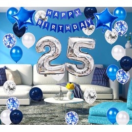 25th Birthday Party Decoration Blue for Him, Happy Birthday Banner Blue Number 25 Birthday Star Foil Balloons Latex Confetti Balloons for Men Him 25 Years Old Birthday Supplies(25th )