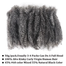 Afro Kinkys Bulk 100% Human Hair 50g/Bundle Colored Afro Kinky Curly For Crochect Lock Dreadlock Braids Hair Extensions (Mixed Grey, 18 Inches)