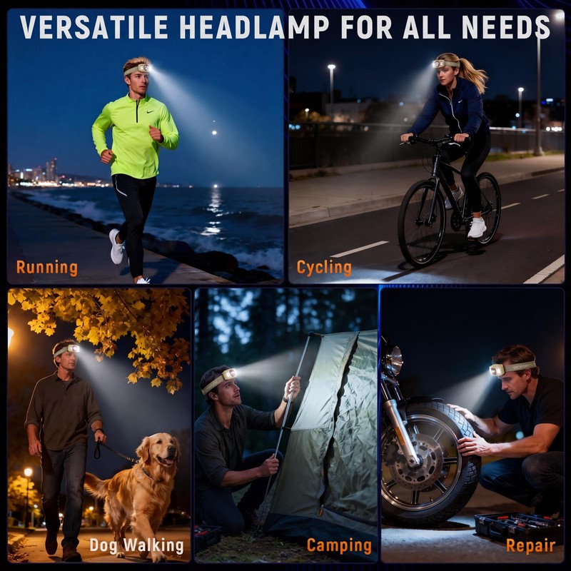 Upgraded Headlamp Rechargeable, Ultra Bright, 6 Modes with Motion Sensor