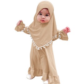 Newborn Infant Muslim Clothes for Baby Girls Abaya Kids Prayer Dress with Hijab Ruffle Toddler Islamic Dress Afghan Kaftan Two Piece Middle East Arabian Dubai Robe Ramadan Eid Outfit Khaki 2-3 Years